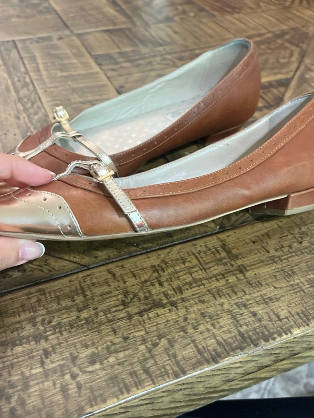 Boden Two-Tone Pointed Mary Jane Flats in Brown and Metallic Gold